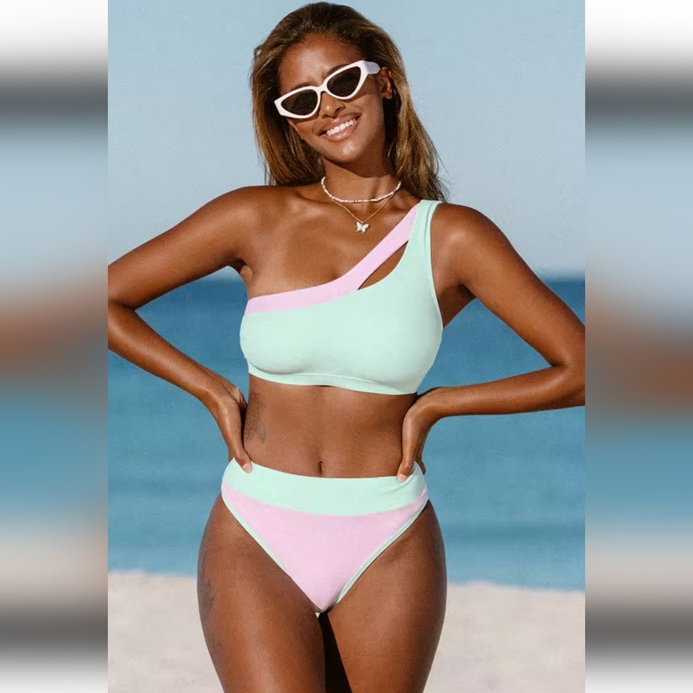Cupshe NWT Spring Macaron One Shoulder Cut Out & High Waist Bikini Set Size XL